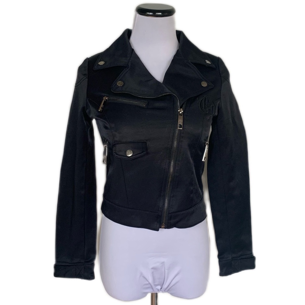 Ed Hardy SZ XS Black Satin Embroidered Panther Moto Jacket